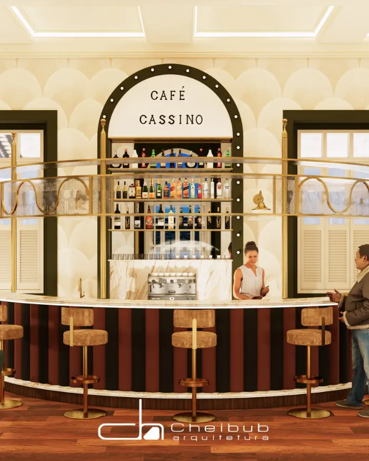 Balcão do café com arco e luminárias douradas